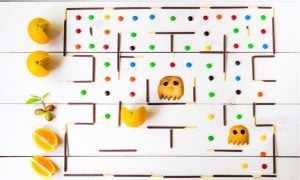 Pac-Man board made out of snacks