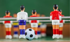 close-up of foosball table