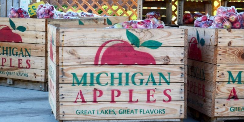wooden boxes of Michigan apples