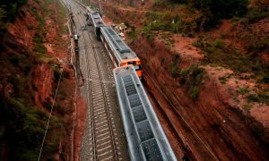 A picture of an electric train derailing