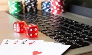 A picture of dice and cards on a table