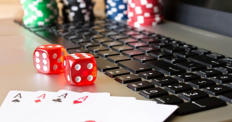 A picture of dice and cards on a table