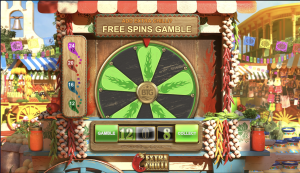 A screenshot showing the free spins gambling wheel in the Extra Chilli Megaways online slot.