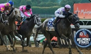 Arcangelo wins 2022 Belmont Stakes horse race with Belmont Stakes 2023 logo