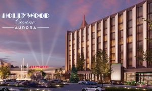 Exterior Rendering of New Hollywood Casino Aurora with logo