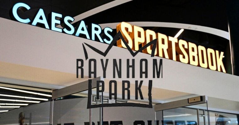 Exterior of Caesars Sportsbook with Raynham Park Logo. retail sport betting approved at OTB site