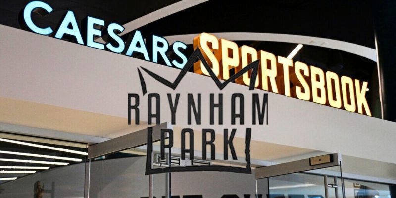 Exterior of Caesars Sportsbook with Raynham Park Logo. retail sport betting approved at OTB site