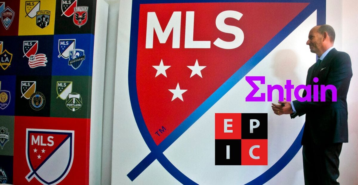 Major League Soccer Commissioner presents the league's new logo with Entain and Epic logos