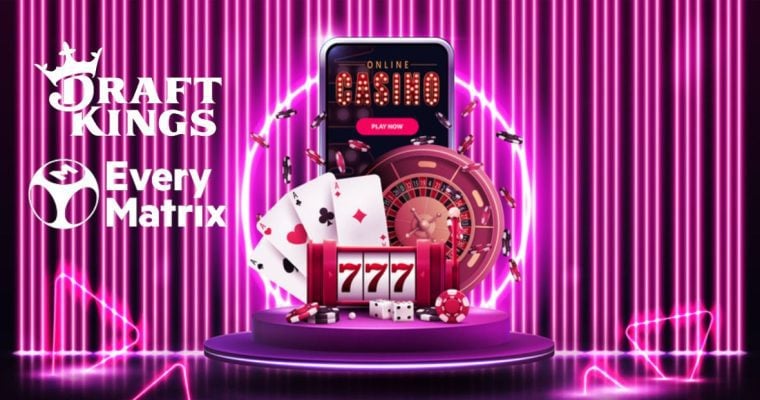 Mobile Phone with Online Casino Display and DraftKings, EveryMatrix logos