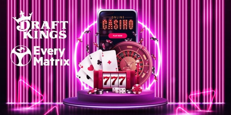 Mobile Phone with Online Casino Display and DraftKings, EveryMatrix logos