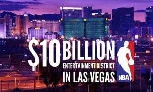 Las Vegas Skyline at Night with NBA logo and $10 billion entertainment district in Las Vegas