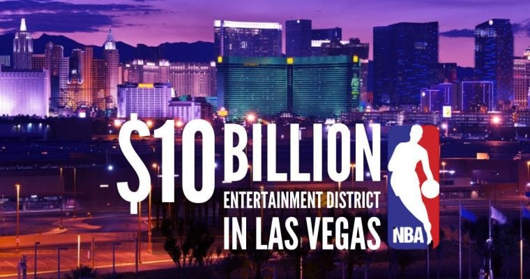 Las Vegas Skyline at Night with NBA logo and $10 billion entertainment district in Las Vegas