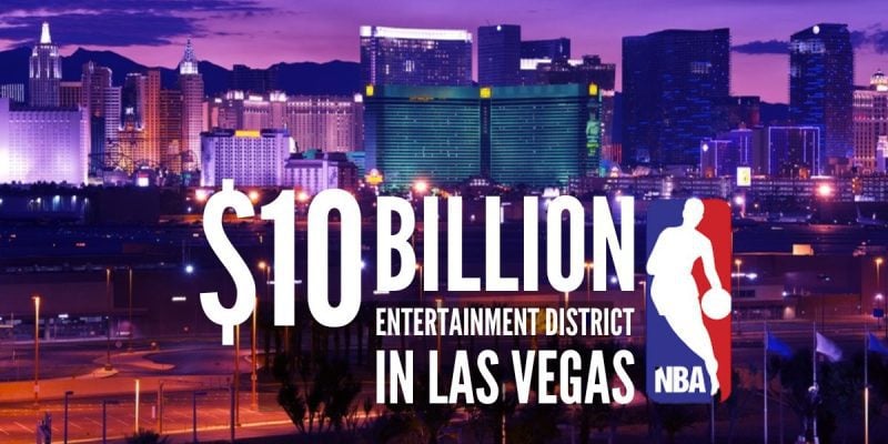 Las Vegas Skyline at Night with NBA logo and $10 billion entertainment district in Las Vegas