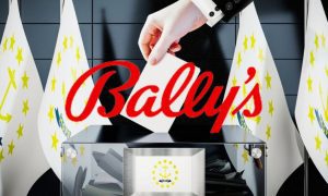 Rhode Island Flags Background As Hand Casts Vote and Bally's logo