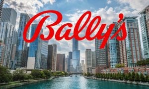 The Bally's logo suspended over the Chicago River in downtown Chicago