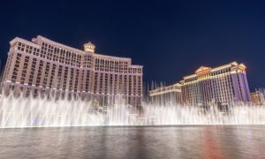 fountains in action in front of the bellagio hotel casino in las vegas, nevada