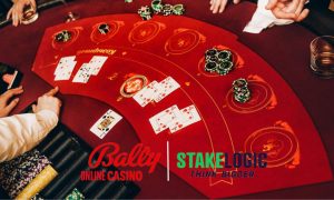 Casino Dealer and Red Poker Table with Ballys live casino and Stakelogic logos