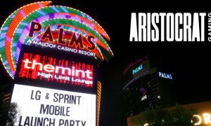 Exterior of Palms Las Vegas Casino at Night and Aristocrat Gaming logo