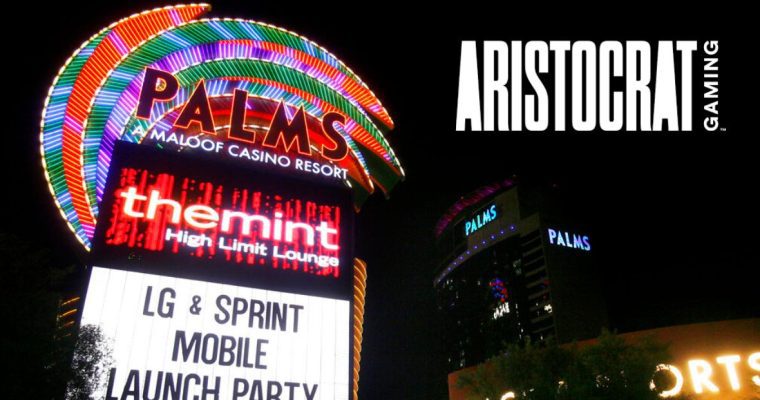 Exterior of Palms Las Vegas Casino at Night and Aristocrat Gaming logo