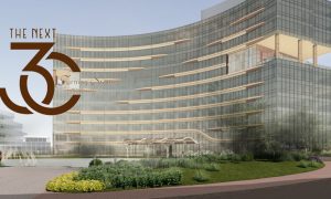 New Crescent Hotel Exterior Rendering with Turning Stone Resort & Casino logo