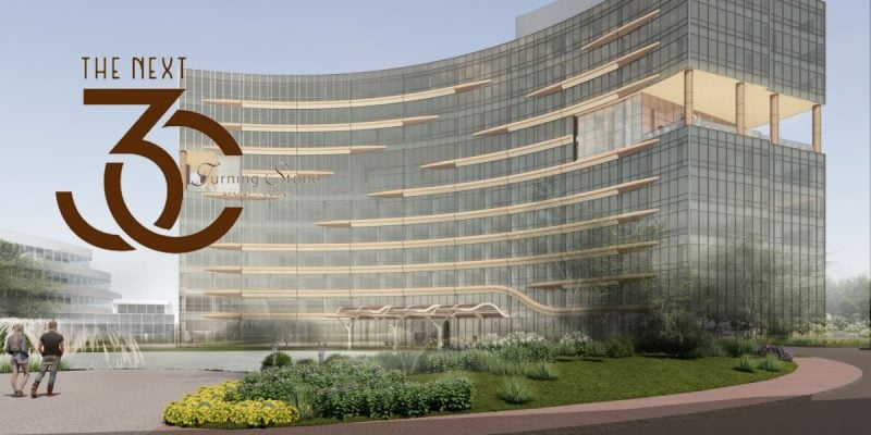 New Crescent Hotel Exterior Rendering with Turning Stone Resort & Casino logo
