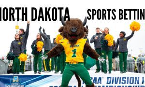 North Dakota State mascot, Thundar, and cheerleaders with North Dakota sports betting