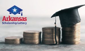 Stack of Coins with Graduation Cap and Arkansas Scholarship Lottery logo