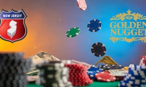 golden nugget and new jersey symbol hovering over poker chips and cash on felt table