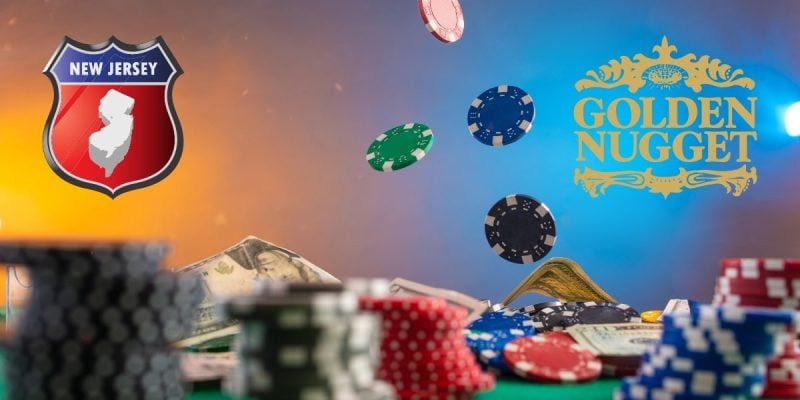 golden nugget and new jersey symbol hovering over poker chips and cash on felt table