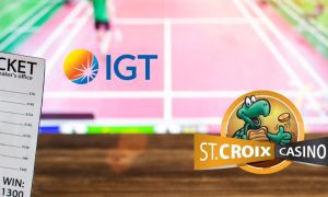 sportsbook ticket in front of tennis match broadcast with igt and st. croix casino logos
