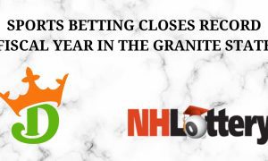 draftkings and new hampshire logos overlaid on white granite representing new hampshire sports betting