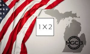 American Flag and Michigan State Outline with 1X2 Network and Michigan Gaming Control Board logos