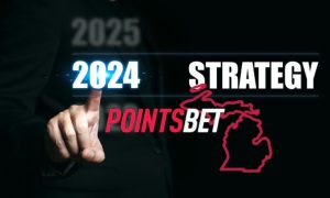 Business Man Points To 2024 Strategy with PointsBet logo and Michigan state outline