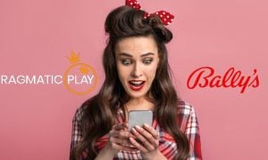 Excited Pin-Up Woman Looks At Mobile Phone with Pragmatic Play and Bally's logos