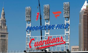 Guardians and Progressive Field Signage Above Stadium with Fanatics Sportsbook logo