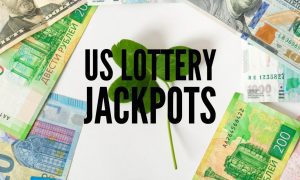 Lucky Four-Leaf Clover Surrounded by Cash and US lottery jackpots