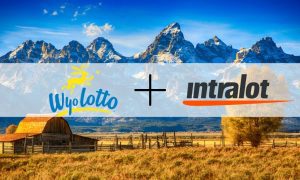 Moulton Barn and Mountains in Grand Teton, Wyoming with Intralot and Wyoming Lottery logos
