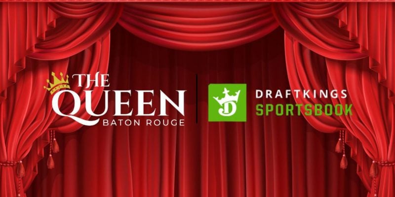 Open Theatre Curtains In Red with The Queen Baton Rouge Casino and DraftKings Sportsbook logos