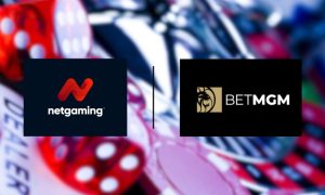 Red Dice, Roulette Wheel and Poker Chips with BetMGM and NetGaming logos