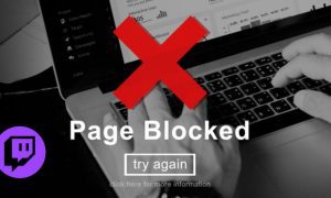 Someone On Laptop With Page Blocked Graphic Overlay and Twitch logo