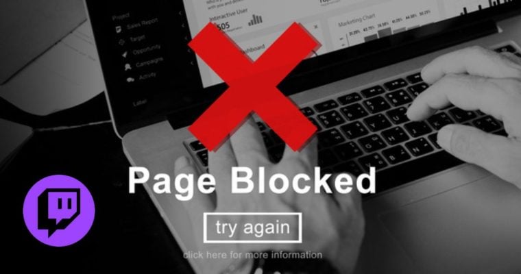 Someone On Laptop With Page Blocked Graphic Overlay and Twitch logo