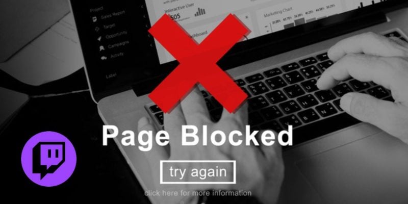Someone On Laptop With Page Blocked Graphic Overlay and Twitch logo