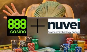 Woman Holds Cash While On Laptop with poker chips on table and 888 online casino and Nuvei logos