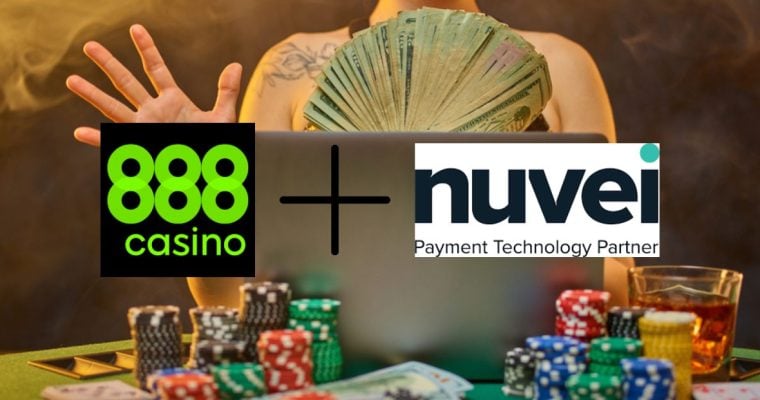 Woman Holds Cash While On Laptop with poker chips on table and 888 online casino and Nuvei logos