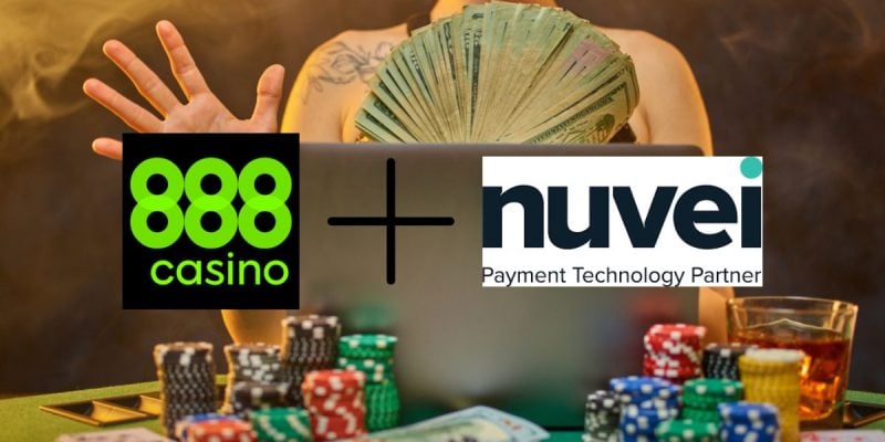 Woman Holds Cash While On Laptop with poker chips on table and 888 online casino and Nuvei logos