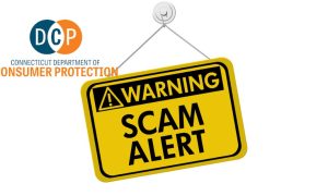 Yellow Sign Says Warning Scam Alert with Connecticut Department of Consumer Protection logo