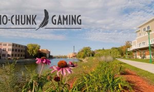 picture of the riverfront in beloit, wisconsin with the ho-chunk gaming logo