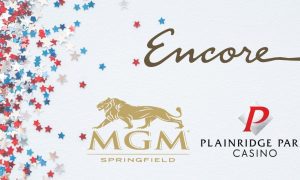 encore boston harbor, mgm springfield, and plainridge park logos next to multicolored stars
