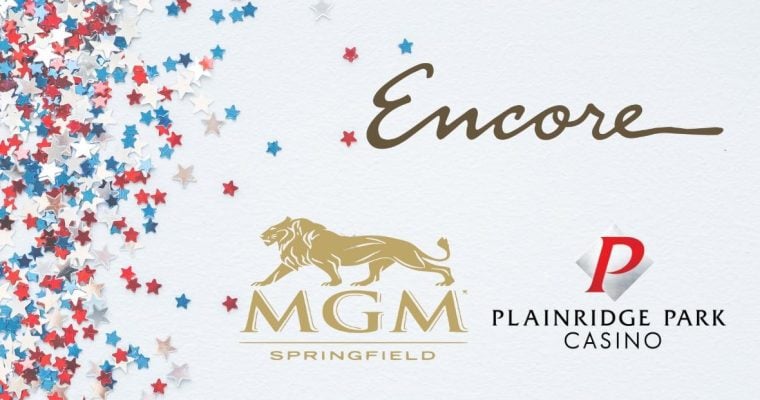 encore boston harbor, mgm springfield, and plainridge park logos next to multicolored stars