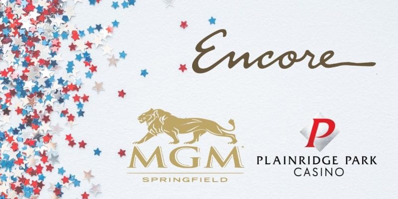 encore boston harbor, mgm springfield, and plainridge park logos next to multicolored stars